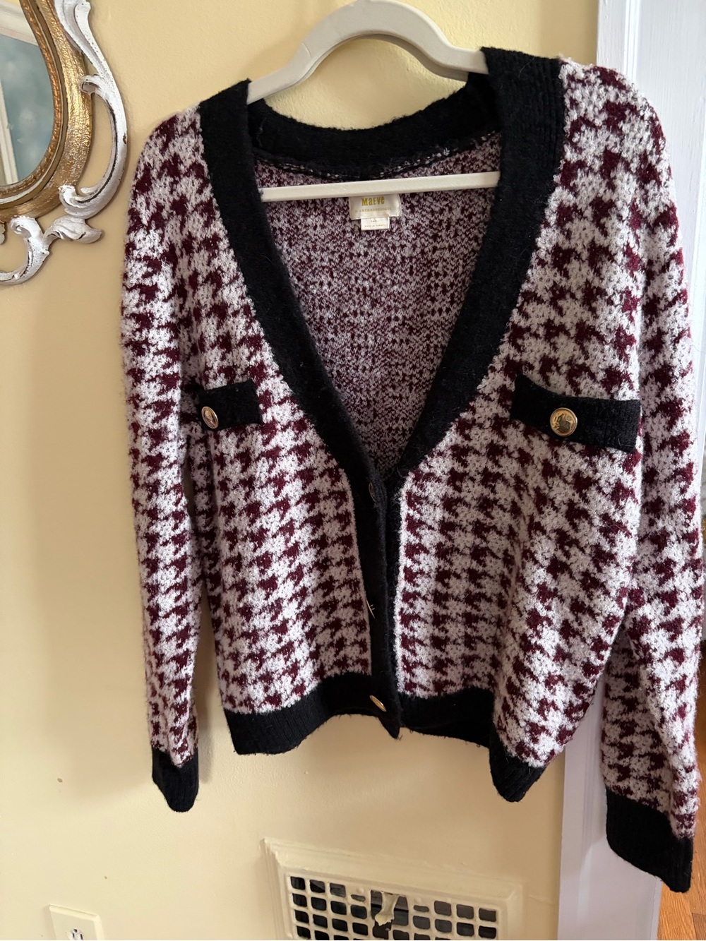 Maeve Burgundy & White Houndstooth Cardigan with Black Trim